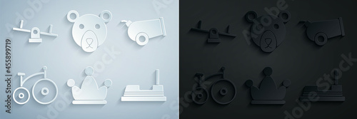 Set Jester hat with bells, Cannon, Vintage bicycle, Bumper car, Bear head and Seesaw icon. Vector