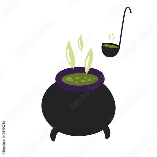 A witch's magic potion is brewed in a cauldron. Cute vector illustration isolated on a white background. For the design of a postcard or decorative