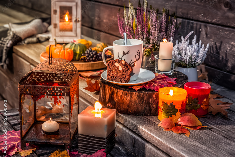 Beautiful autumn terracce decoration with pumpkins, lantern, plants and flowers