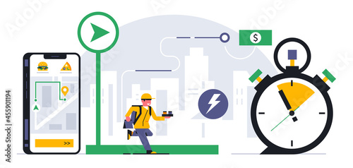 Online food delivery service to your home. Fast delivery by courier. Tracking your order through a mobile application. Map, street, city, route, time, stopwatch, menu, app, phone. Vector illustration.