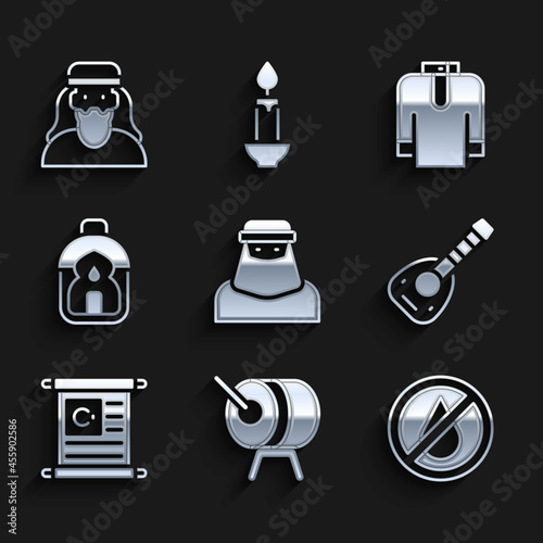 Set Muslim woman in niqab, Ramadan drum, No water, Lute, Holy book of Koran, Kareem lantern, Shirt kurta and icon. Vector