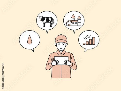 スマート畜産　精密農業　タブレットを操作する酪農家　男性　イラスト素材