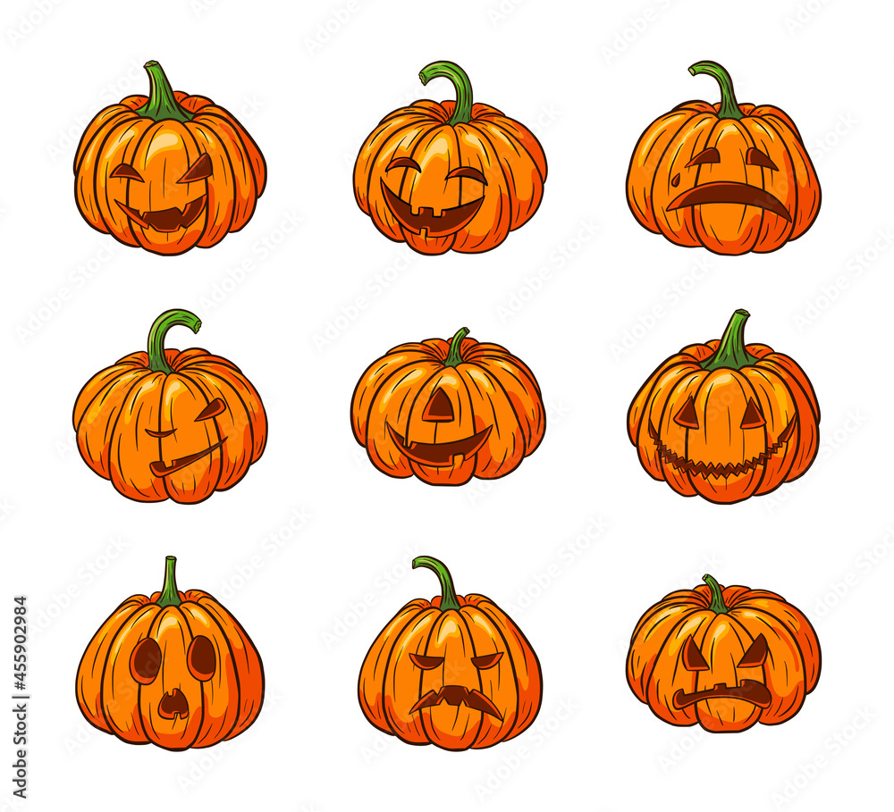 Halloween Scary Pumpkins with Faces Set. Collection of pumpkin jack lantern illustrations for autumn holiday greeting cards, invitations, package design, decoration. Premium Vector
