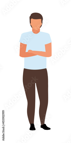 Man with crossed arms on chest semi flat color vector character. Full body person on white. Guy standing in defensive pose isolated modern cartoon style illustration for graphic design and animation