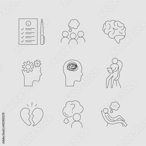 Psychotherapy and psychology line icon set. Simple thin outline pictogram collection. Mental health elements. Anxiety, group therapy, mood disorder, depression. Editable stroke vector illustration