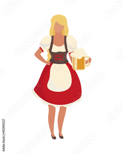 Beer girl wearing dirndl semi flat color vector character. Posing figure. Full body person on white. Oktoberfest waitress isolated modern cartoon style illustration for graphic design and animation
