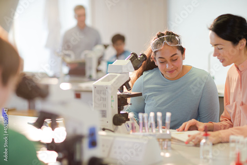 Female teacher and girl student conducting scientific experiment at microscope in laboratory classroom