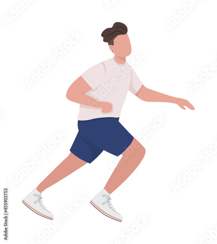 Male sprinter semi flat color vector character. Jumping figure. Full body person on white. Participate in athletic event isolated modern cartoon style illustration for graphic design and animation