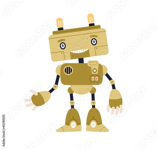 Cute childish robot toy in old retro style. Funny kids bot with smiling face, gesturing hi. Portrait of friendly humanoid machine. Colored flat cartoon vector illustration isolated on white background