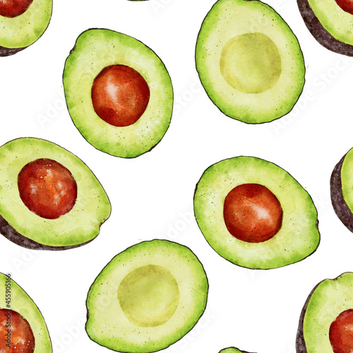 Watercolor seamless pattern with avocado isolated on white background. Hand drawn watercolor illustration.