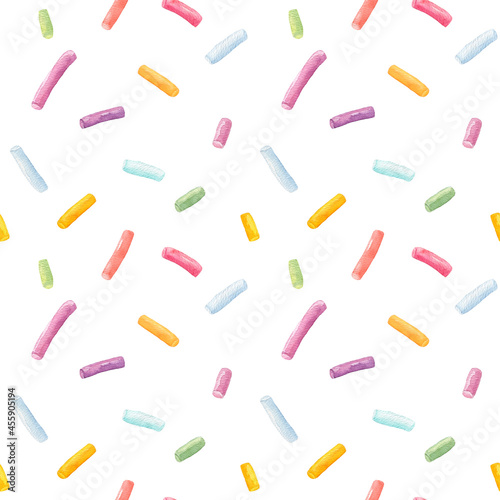 Watercolor seamless pattern with many decorative sprinkles isolated on white background.