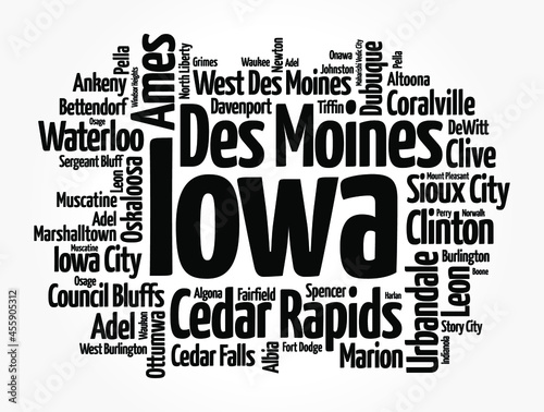 List of cities in Iowa USA state, word cloud concept background photo