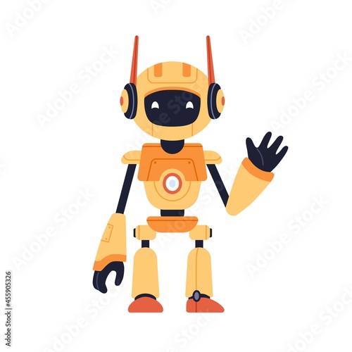 Cute robot toy waving with hand, gesturing hi. Funny childish futuristic bot....