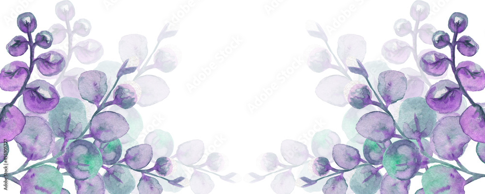 Background, banner made of green twigs.Top and bottom border, frame made of  plants and  leaves,watercolor illustration isolated on eucalyptus, blue background, purple background.