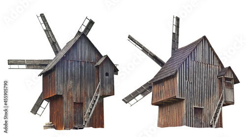 Old wooden mill isolated on a white background. Layout for design. Mill in different angles.
