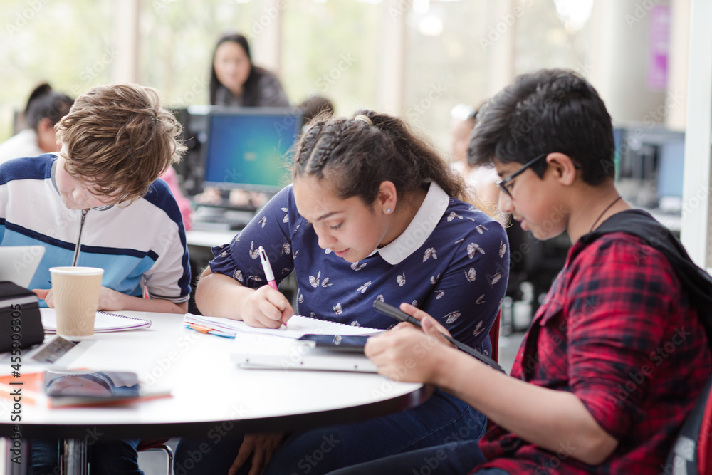 Students using laptop at table