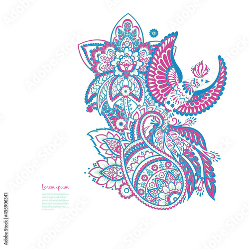 Paisley vector isolated pattern with Flying Bird. Damask style Vintage illustration