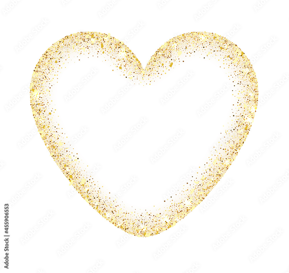 Golden glitter heart frame with space for text. Abstract luxury glow golden vector heart. Vector golden dust isolated on white. Golden glitter heart frame with space for text. Abstract luxury glow golden vector heart. Vector golden dust isolated on white.