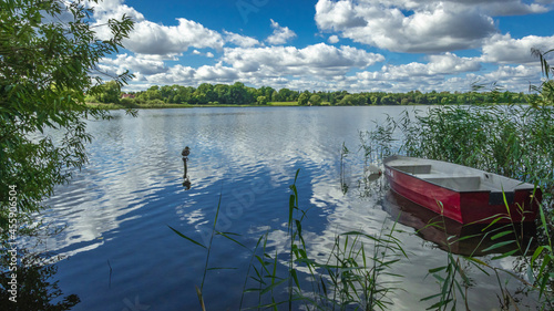 Duck and red boat.