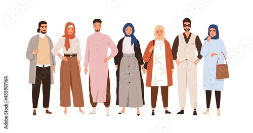 Arab people in modern outfits. Group portrait of Muslim Arabian man and woman in stylish clothes and headwear. Oriental Saudi humans. Flat graphic vector illustration isolated on white background