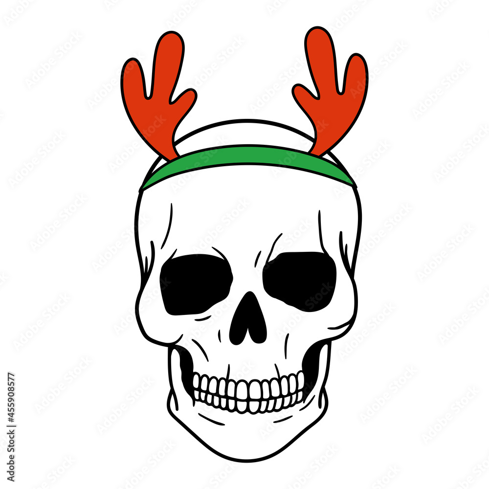 Fototapeta premium Skull Santa. Deer antlers. Scary Christmas Skull. Horror Christmas. Vector illustration. Isolated on white background.