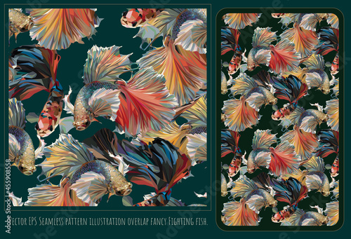 Seamless patterns polygonal fancy betta fighting fish.