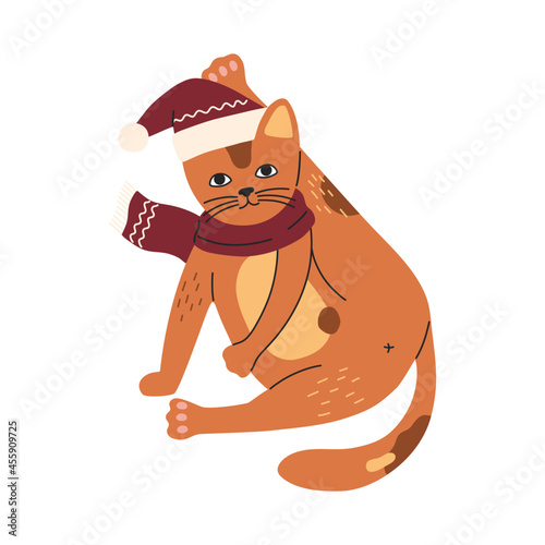 Cute orange cat in red Christmas hat and scarf, funny naughty kitty. Hand drawn vector illustration in flat cartoon style, template for New Year t-shirt or celebration cards, isolated white background