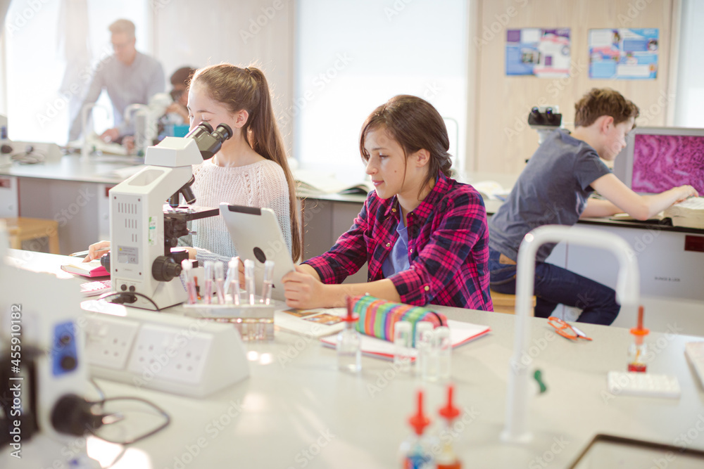 Fototapeta premium Girl students using microscope, conducting scientific experiment in laboratory classroom