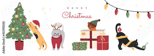 Set of Christmas cats, collection of funny cute kitty in hats and sweaters.  Kitten in gift box with presents and fir-tree. Hand drawn vector illustration, banner or card isolated on white background