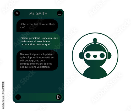 Chat bot window with robot icon set. User interface of application with online dialogue. Conversation with a robot assistant