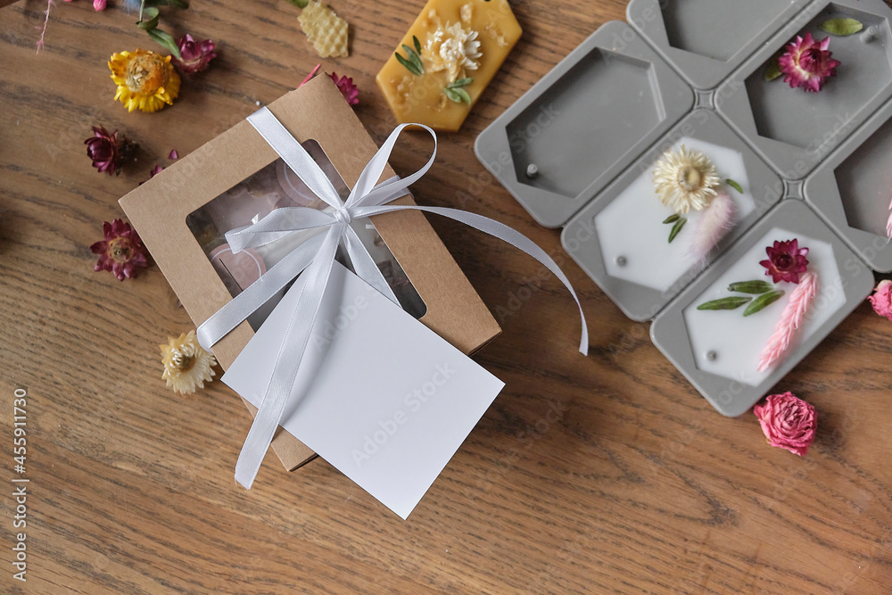 dried flowers, aromatic sachets made by hand. Autumn composition on a wooden table. Gift Box with, postcard layout with copy space for text. dried flowers, aromatic sachets made by hand. Autumn composition on a wooden table. Gift Box with, postcard layout with copy space for text.