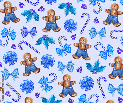 Christmas gingerbread pattern on a blue background : stars, men, bells and candies. Idea for wallpaper, website background, wrapping paper, prints.