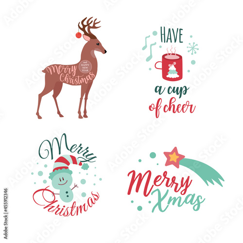 Set of four Christmas logotype or insignia. Cute cartoon Christmas tree. Vector