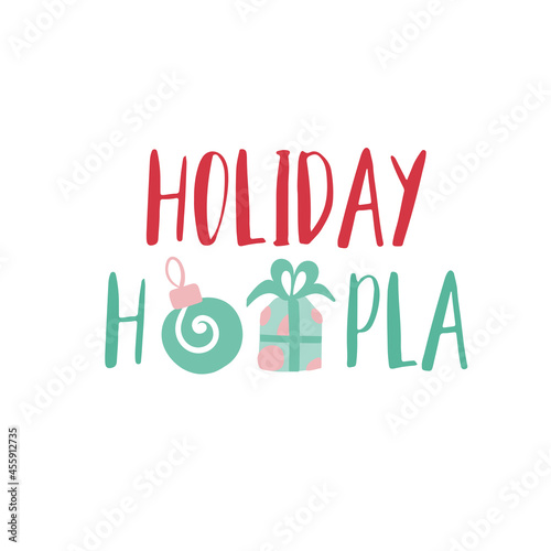 Christmas logotype or insignia. Cute cartoon gift and Christmas tree toy. Holiday hoopla.