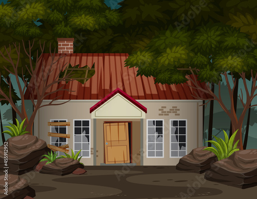Scene with abandoned house in the dark forest