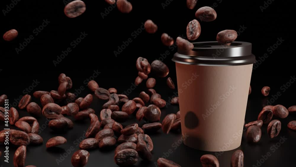 Roasted coffee beans fall on craft coffee cup on black background. Concept. 3D animation. Coffee to go. Copy space.