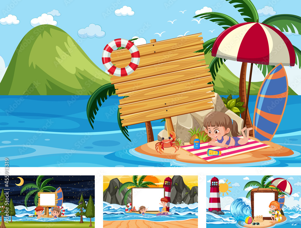 Fototapeta premium Set of blank banner in different tropical beach scenes