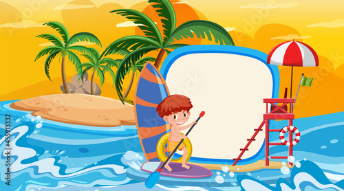 Empty banner template with kids on vacation at the beach sunset scene