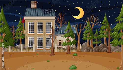 Scene with abandoned house in the dark forest
