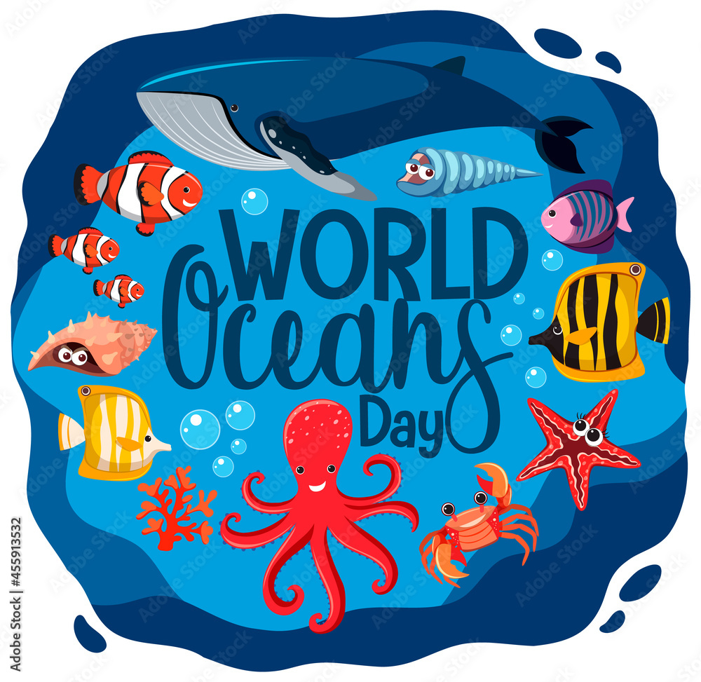 World Ocean Day banner with many different sea animals World Ocean Day banner with many different sea animals