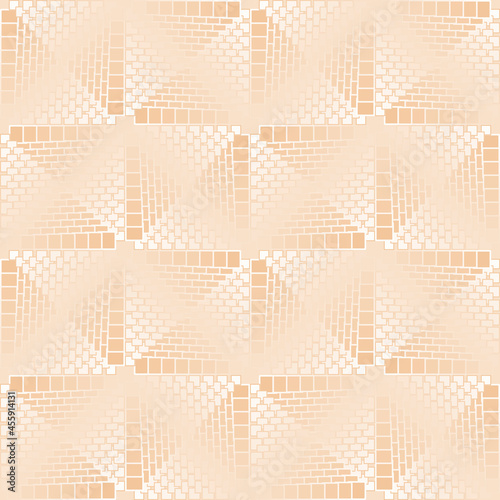 A seamless composition of layered squares in a checkered pattern with the illusion of curvature. Beige shades.