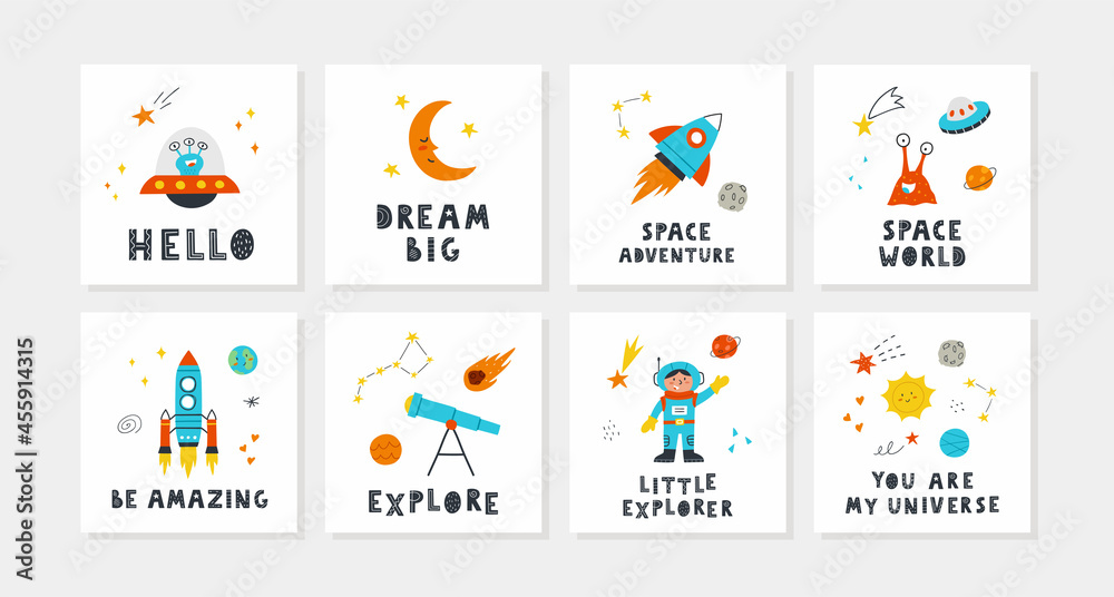 Children cards set with cute space and with lettering. Rocket, planets, stars, child, telescope, sun, aliens. Perfect for nursery posters. Vector hand drawn illustrations.