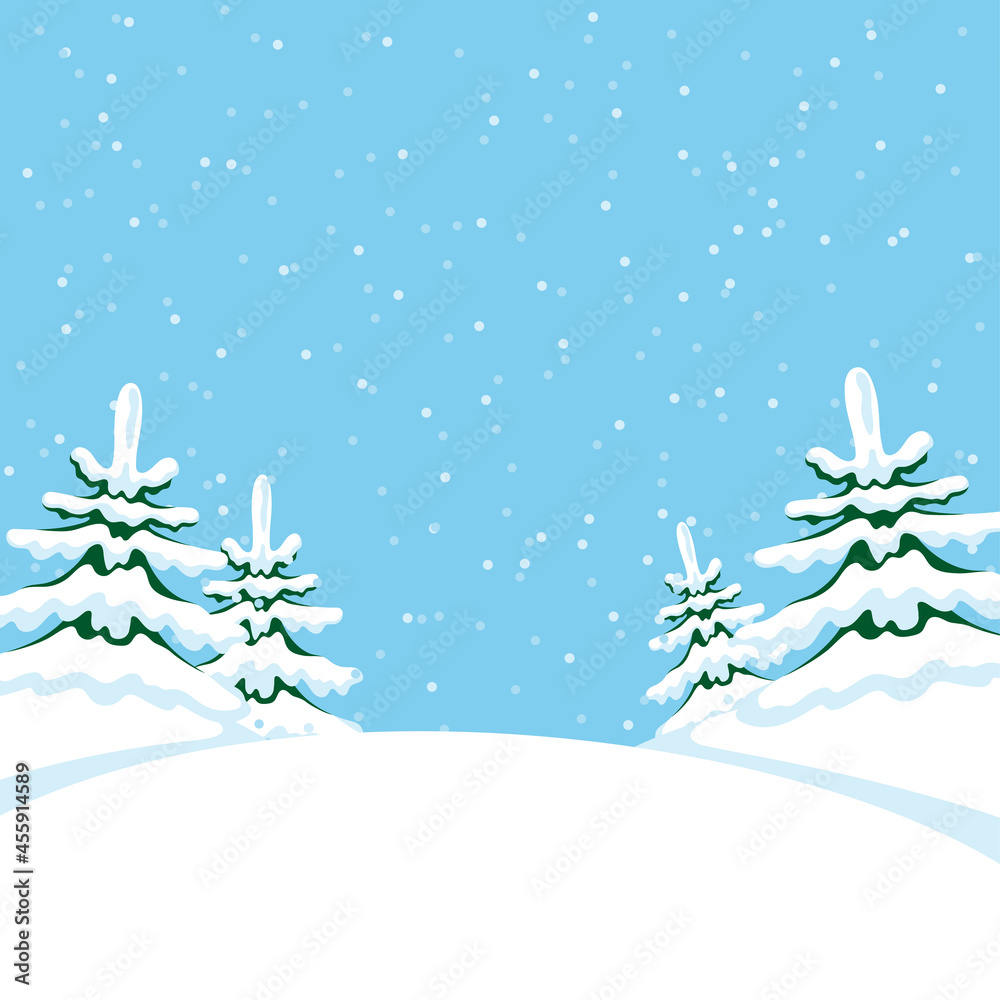 Illustration of winter nature with snowy trees on blue background. Illustration of winter nature with snowy trees on blue background.