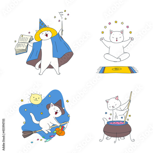 Collection of cute wizard kitties. Illustration of funny white cats casting a spell, flying on a broom, making magic potion and levitating in yoga lotus asana. Vector 10 EPS.
