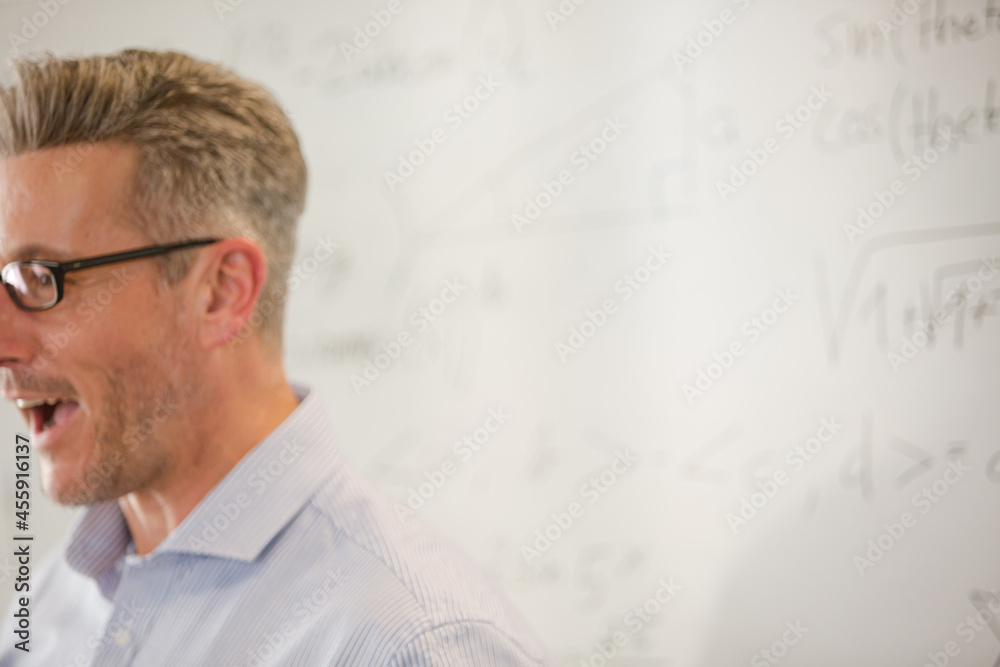 Fototapeta premium Male teacher leading lesson at whiteboard in classroom