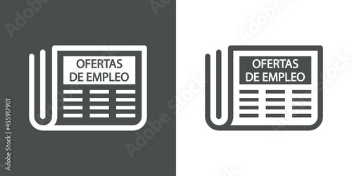 Logotipo con texto OFERTAS DE EMPLEO en español con silueta de periódico con lineas en fondo gris y fondo blanco