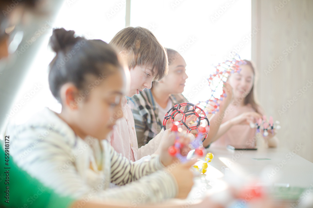 Portrait confident students holding molecular structures in laboratory classroom Portrait confident students holding molecular structures in laboratory classroom