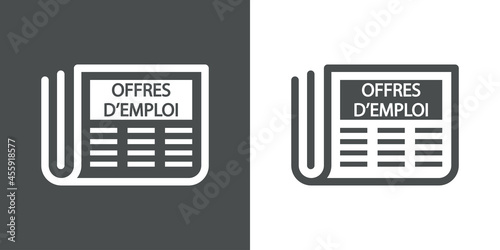 Logotipo con texto OFFRES D'EMPLOI en francés con silueta de periódico con lineas en fondo gris y fondo blanco