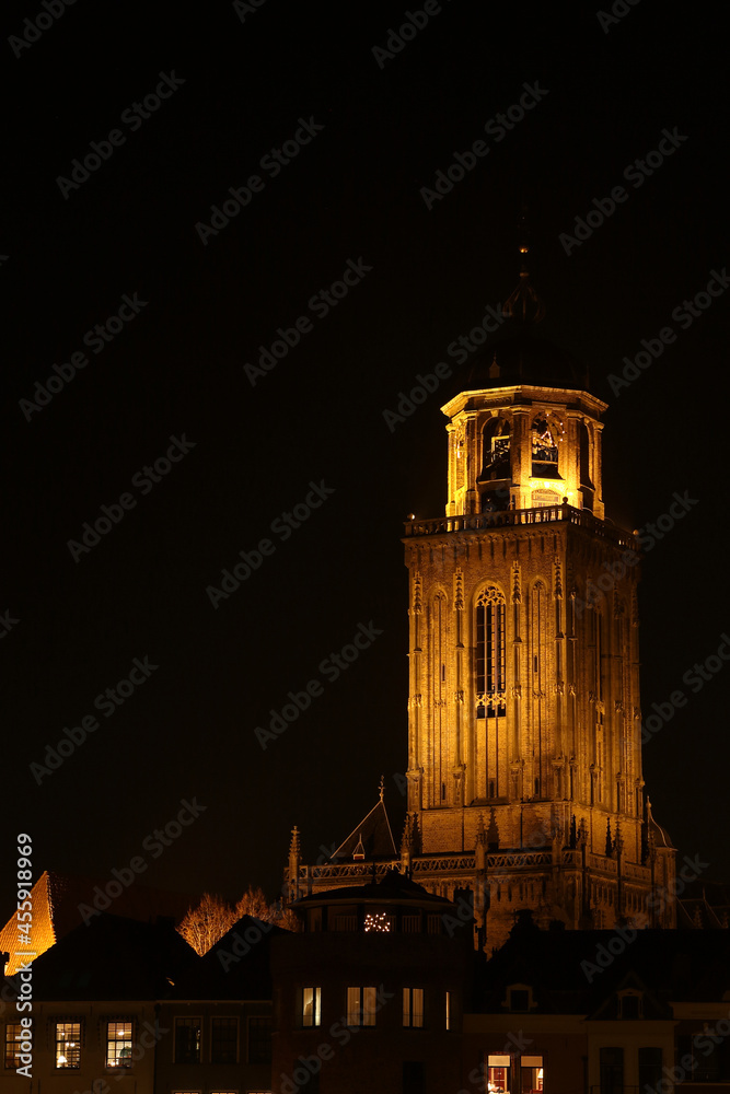 A view on  the houses and the Great Church in the City of Deventer, the Netherlands, at night