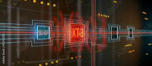 Node tree, switch board in industry or science. Digital binary tree with nodes, blocks and switches and connection between them. Focus is on the red and blue switching circuit. 3D illustration.